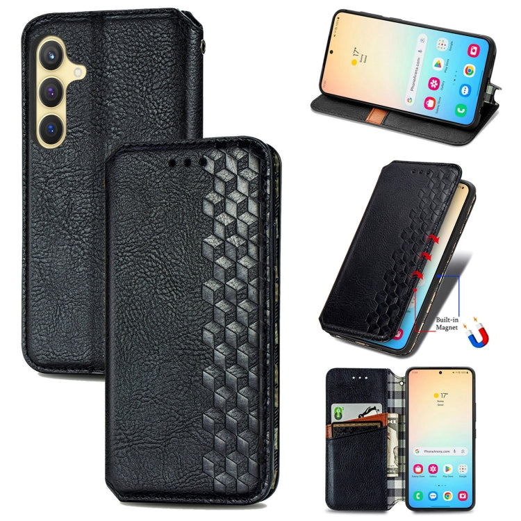 For Samsung Galaxy S25 5G Cubic Grid Pressed Magnetic Leather Phone Case(Black) - Galaxy S25 5G Cases by buy2fix | Online Shopping UK | buy2fix