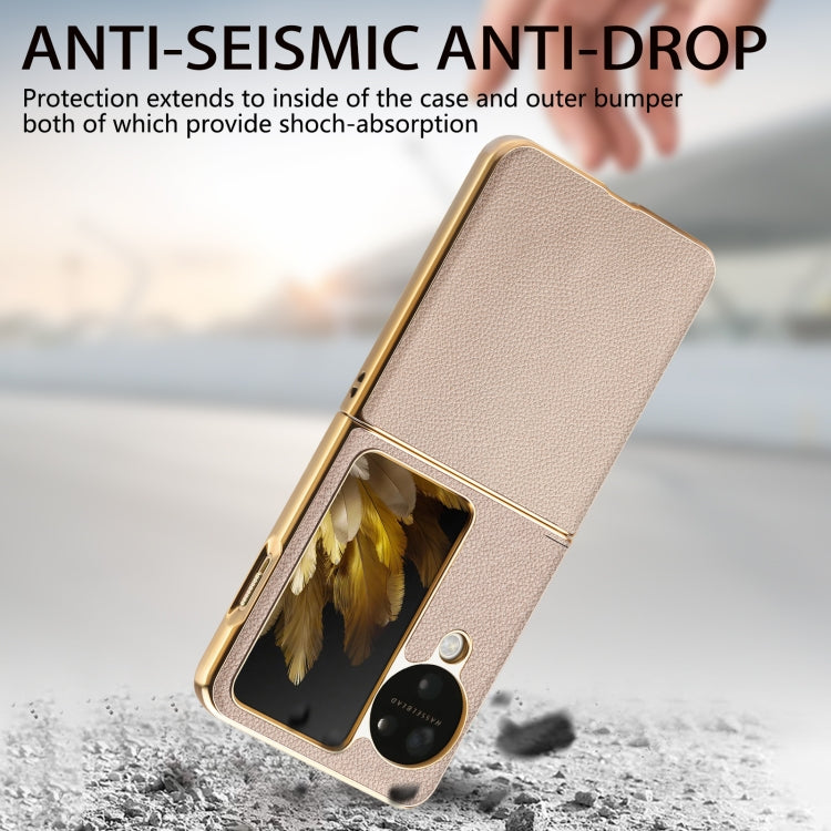 For OPPO Find N3 Flip Litchi Leather Electroplating Shockproof Phone Case(Khaki) - Find N3 Flip Cases by buy2fix | Online Shopping UK | buy2fix