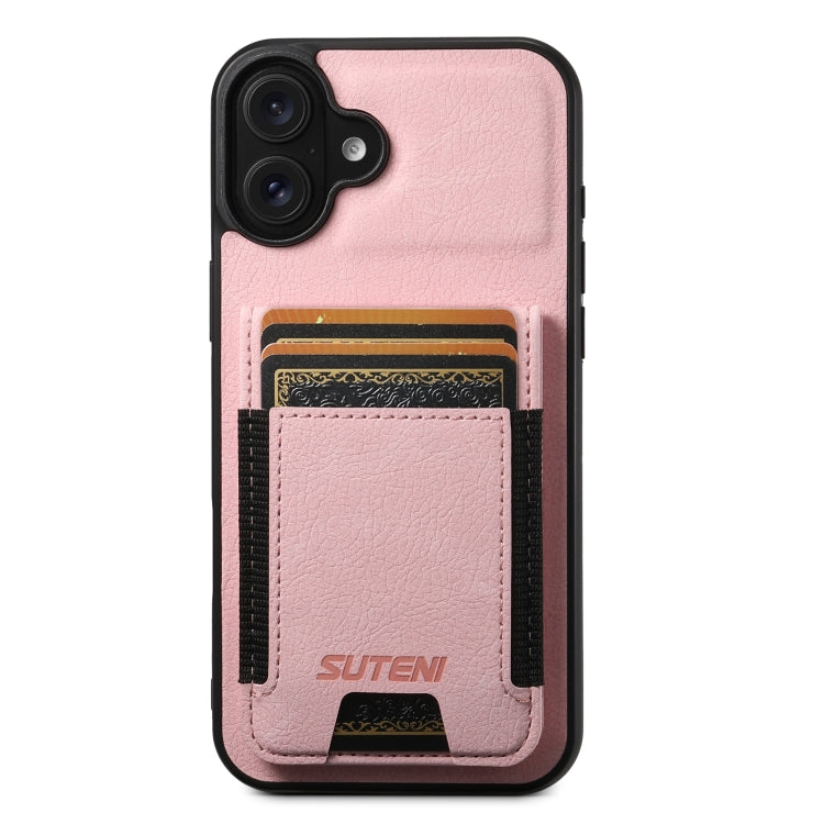 For iPhone 16 Plus Suteni H03 Litchi Leather Card Bag Stand Back Phone Case(Pink) - iPhone 16 Plus Cases by Suteni | Online Shopping UK | buy2fix