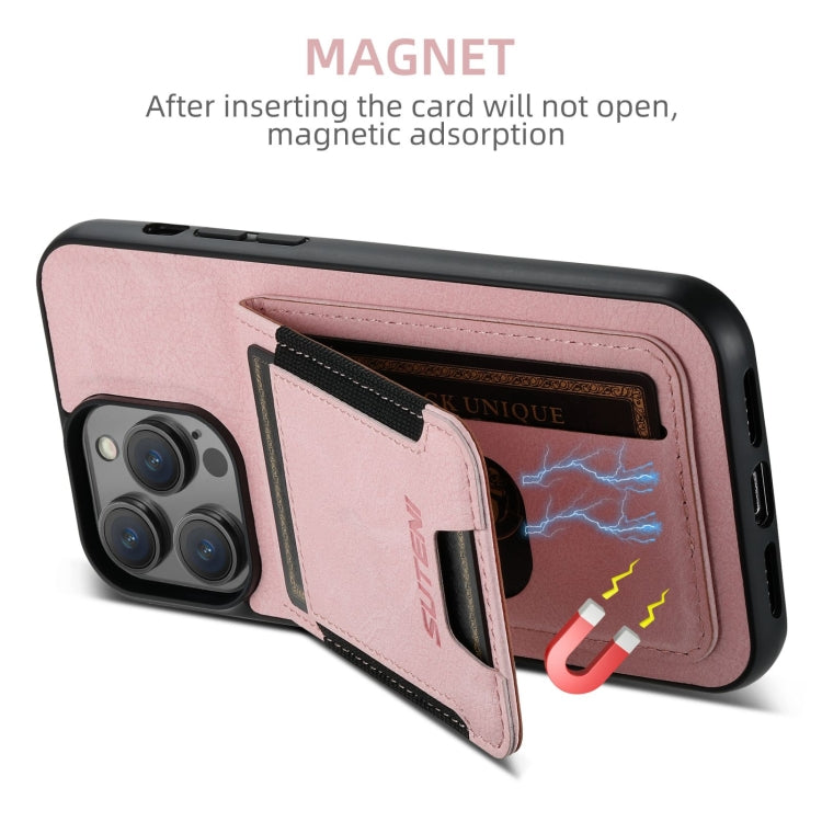 For iPhone 16 Pro Max Suteni H03 Litchi Leather Card Bag Stand Back Phone Case(Pink) - iPhone 16 Pro Max Cases by Suteni | Online Shopping UK | buy2fix