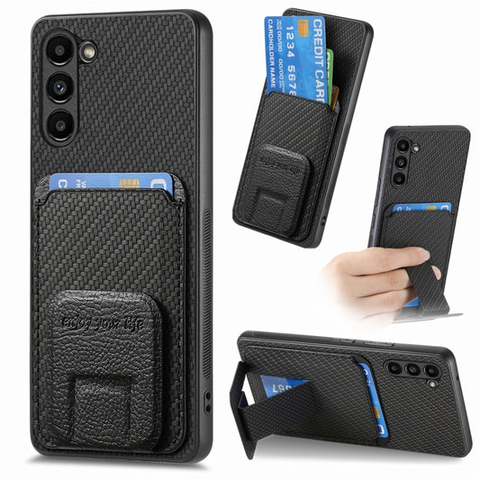 For Samsung Galaxy S23+ 5G Carbon Fiber Card Bag Fold Stand Phone Case(Black) - Galaxy S23+ 5G Cases by buy2fix | Online Shopping UK | buy2fix