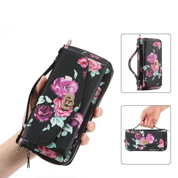 For iPhone 15 Pro Max MagSafe Flower Multi-functional Crossbody Zipper Wallet Leather Phone Case(Black) - iPhone 15 Pro Max Cases by buy2fix | Online Shopping UK | buy2fix