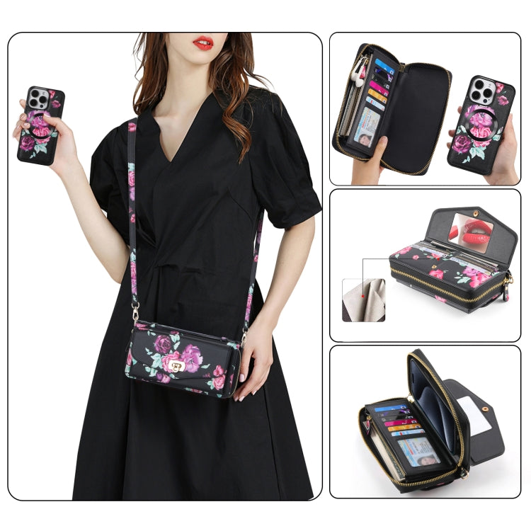 For iPhone 15 Pro Max MagSafe Flower Multi-functional Crossbody Zipper Wallet Leather Phone Case(Black) - iPhone 15 Pro Max Cases by buy2fix | Online Shopping UK | buy2fix