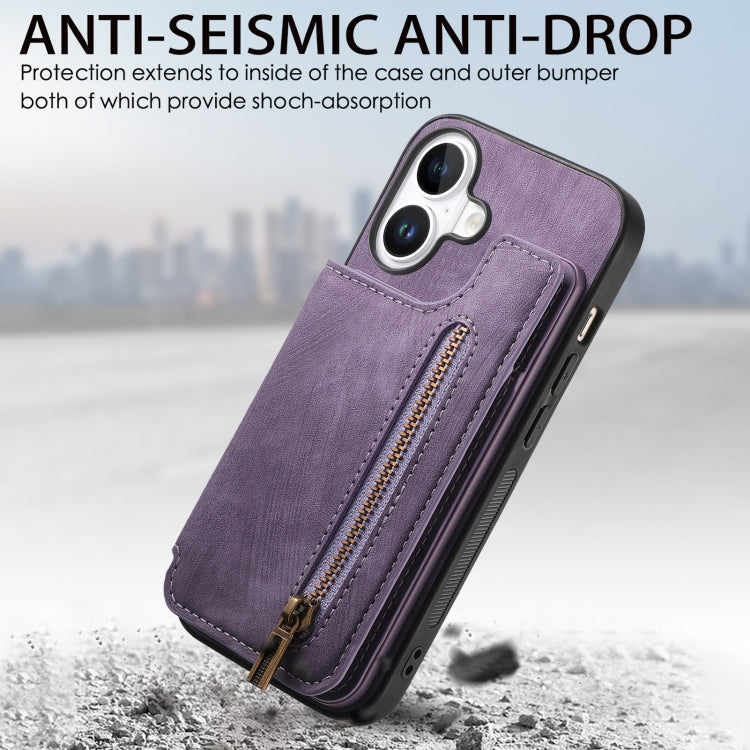 For iPhone 16 Retro Leather Zipper Wallet Back Phone Case(Purple) - More iPhone Cases by buy2fix | Online Shopping UK | buy2fix