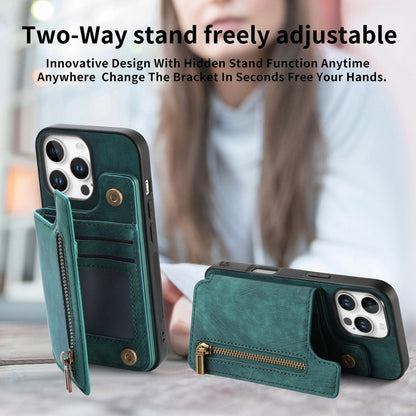 For iPhone 16 Pro Retro Leather Zipper Wallet Back Phone Case(Green) - More iPhone Cases by buy2fix | Online Shopping UK | buy2fix