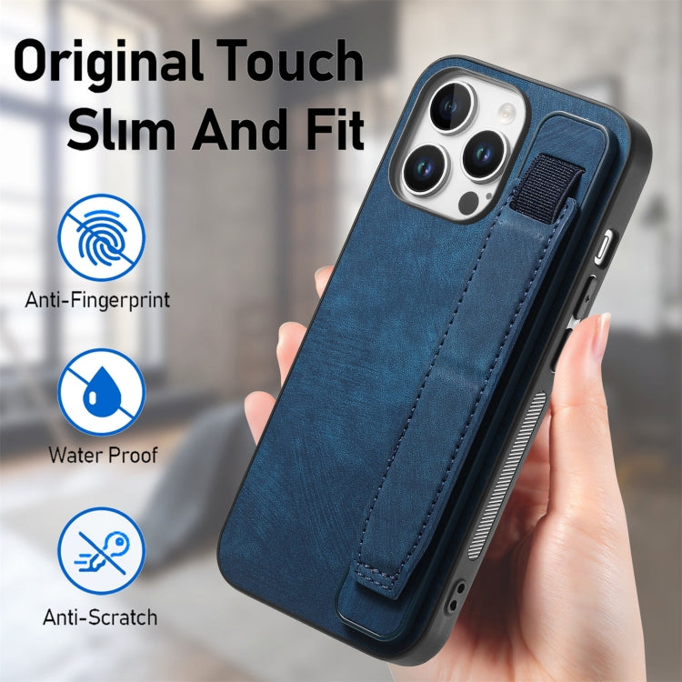 For iPhone 16 Pro Max Retro Wristband Holder Leather Back Phone Case(Blue) - iPhone 16 Pro Max Cases by buy2fix | Online Shopping UK | buy2fix