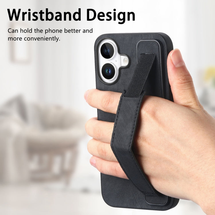 For iPhone 16 Plus Retro Wristband Holder Leather Back Phone Case(Black) - iPhone 16 Plus Cases by buy2fix | Online Shopping UK | buy2fix