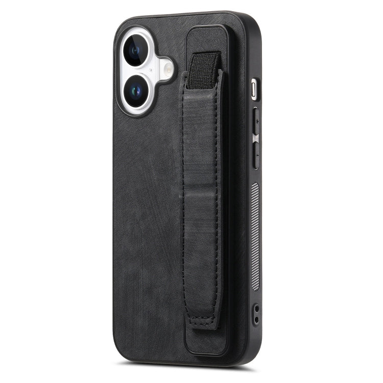 For iPhone 16 Retro Wristband Holder Leather Back Phone Case(Black) - iPhone 16 Cases by buy2fix | Online Shopping UK | buy2fix