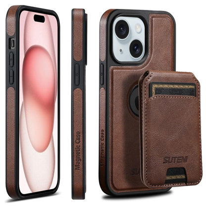 For iPhone 15 Suteni M2 Oil Wax MagSafe Horizontal Card Bag Phone Case(Brown) - iPhone 15 Cases by Suteni | Online Shopping UK | buy2fix