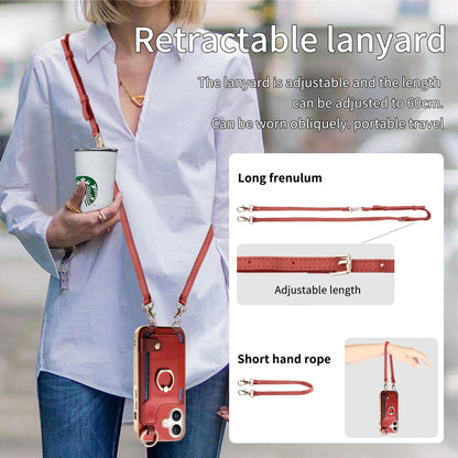 For iPhone 16 Fashion Ring Card Bag Phone Case with Hang Loop(Red) - iPhone 16 Cases by buy2fix | Online Shopping UK | buy2fix