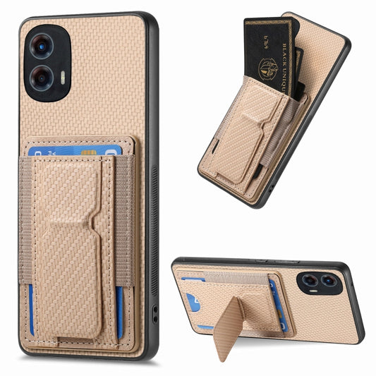 For Motorola Moto G 5G 2024 4G Carbon Fiber Fold Stand Elastic Card Bag Phone Case(Khaki) - Motorola Cases by buy2fix | Online Shopping UK | buy2fix