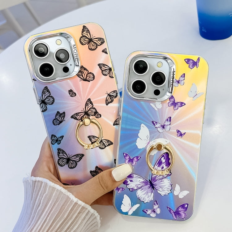 For iPhone 16 Plus Electroplating Laser Butterfly Ring Holder Phone Case(Purple Butterflies AB3) - iPhone 16 Plus Cases by buy2fix | Online Shopping UK | buy2fix