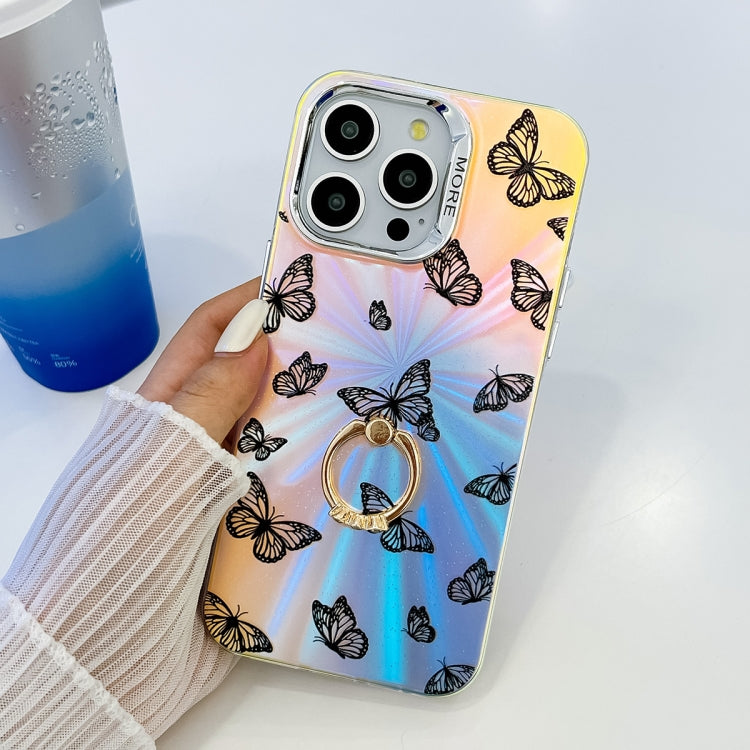 For iPhone 16 Plus Electroplating Laser Butterfly Ring Holder Phone Case(Purple Butterflies AB3) - iPhone 16 Plus Cases by buy2fix | Online Shopping UK | buy2fix