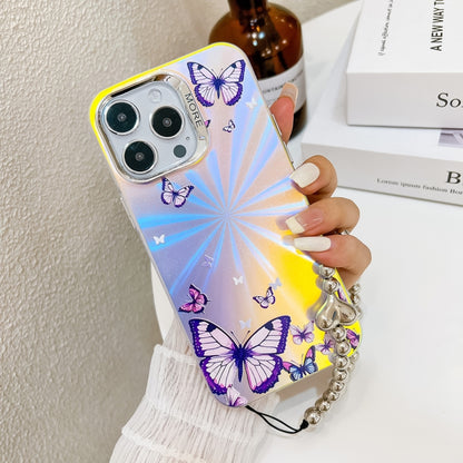 For iPhone 16 Plus Electroplating Laser Butterfly Phone Case with Wrist Strap(Purple Butterflies AB3) - iPhone 16 Plus Cases by buy2fix | Online Shopping UK | buy2fix