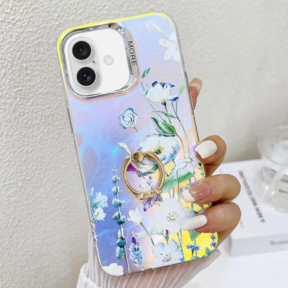 For iPhone 16 Plus Electroplating Laser Flower Ring Holder TPU Phone Case(Blue Flower AH8) - iPhone 16 Plus Cases by buy2fix | Online Shopping UK | buy2fix