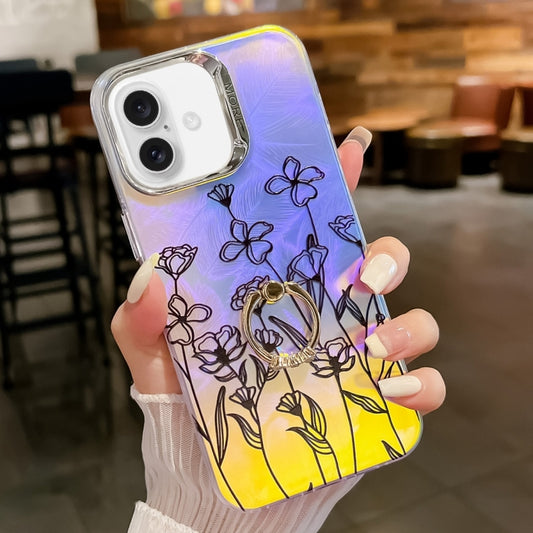 For iPhone 16 Electroplating Laser Flower Ring Holder TPU Phone Case(Drawn Flowers AH3) - iPhone 16 Cases by buy2fix | Online Shopping UK | buy2fix