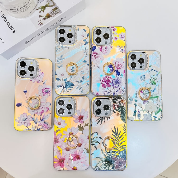 For iPhone 16 Pro Electroplating Laser Flower Ring Holder TPU Phone Case(Myosotis AH2) - iPhone 16 Pro Cases by buy2fix | Online Shopping UK | buy2fix