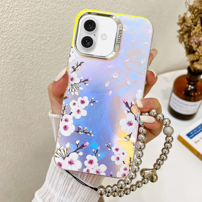 For iPhone 16 Plus Electroplating Laser Flower Phone Case with Wrist Strap(Plum Blossom AH18) - iPhone 16 Plus Cases by buy2fix | Online Shopping UK | buy2fix