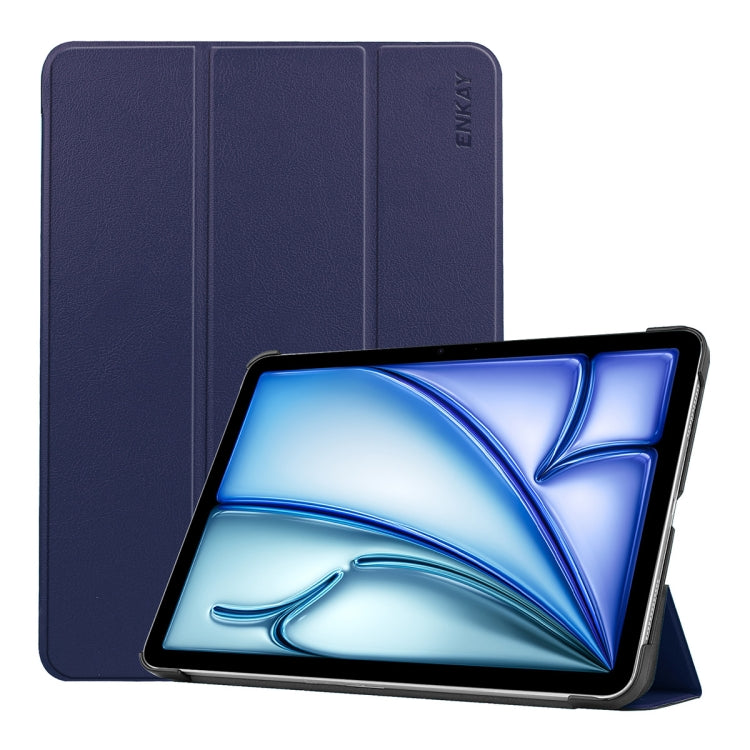 For iPad Air 13 2024 ENKAY Tri-fold Custer Texture Plastic Leather Smart Tablet Case(Dark Blue) - iPad Air 13 2024 Cases by ENKAY | Online Shopping UK | buy2fix