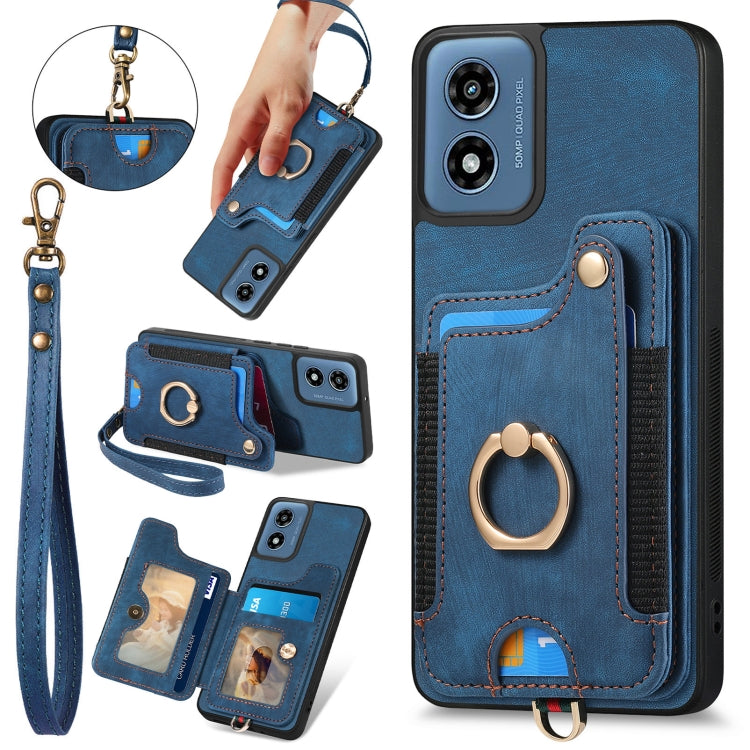 For Motorola G Play 2024 Retro Skin-feel Ring Multi-card RFID Wallet Phone Case(Blue) - Motorola Cases by buy2fix | Online Shopping UK | buy2fix