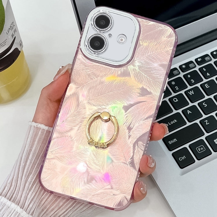 For iPhone 16 Plus Plating Glitter Texture Ring Holder TPU Phone Case with Lens Film(Pink Feathers) - iPhone 16 Plus Cases by buy2fix | Online Shopping UK | buy2fix