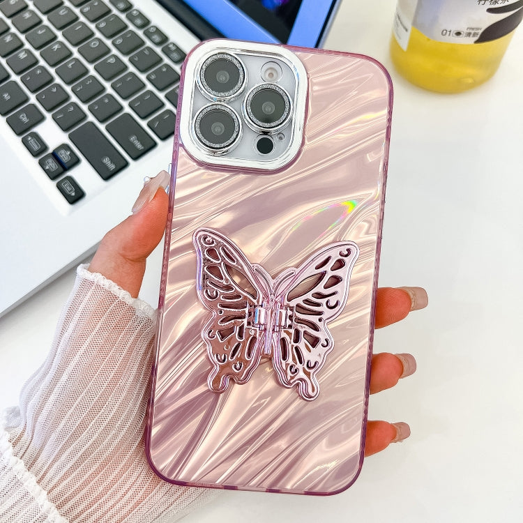 For iPhone 16 Pro Plating Glitter Texture Butterfly Holder TPU Phone Case with Lens Film(Pink Water Ripples) - iPhone 16 Pro Cases by buy2fix | Online Shopping UK | buy2fix