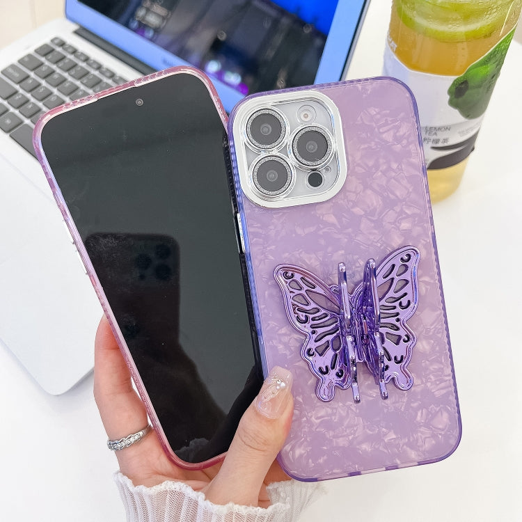 For iPhone 16 Plus Plating Glitter Texture Butterfly Holder TPU Phone Case with Lens Film(Pink Tinfoil Texture) - iPhone 16 Plus Cases by buy2fix | Online Shopping UK | buy2fix