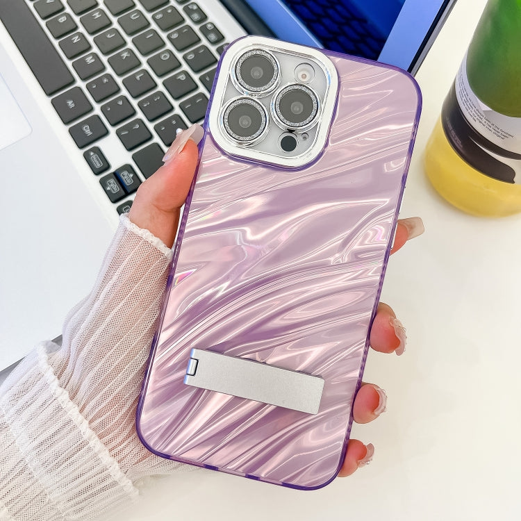 For iPhone 16 Pro Max Plating Glitter Texture Fold Holder TPU Phone Case with Lens Film(Purple Water Ripples) - iPhone 16 Pro Max Cases by buy2fix | Online Shopping UK | buy2fix