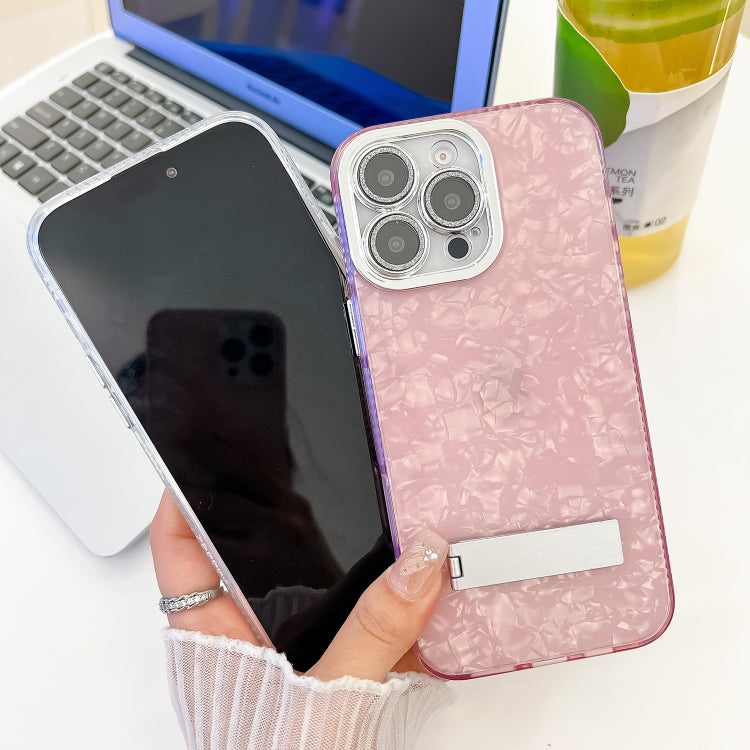 For iPhone 16 Plating Glitter Texture Fold Holder TPU Phone Case with Lens Film(Purple Tinfoil Texture) - iPhone 16 Cases by buy2fix | Online Shopping UK | buy2fix