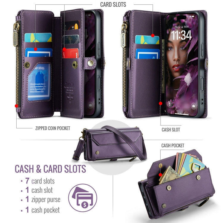 For iPhone 16 CaseMe C36 Card Slots Zipper Wallet RFID Anti-theft Leather Phone Case(Purple) - iPhone 16 Cases by CaseMe | Online Shopping UK | buy2fix