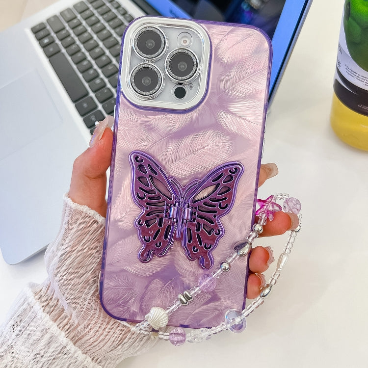 For iPhone 16 Pro Plating Glitter Lens Film Texture Butterfly Holder Wristband Phone Case(Purple Feathers) - iPhone 16 Pro Cases by buy2fix | Online Shopping UK | buy2fix