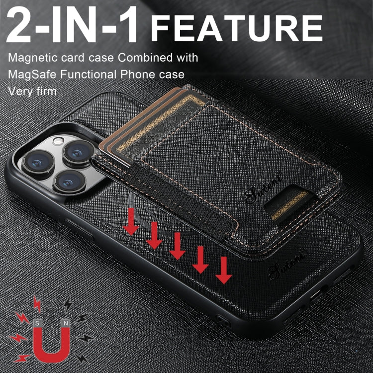 For iPhone 16 Pro Suteni H17 Cross Grain Leather MagSafe Detachable Wallet Phone Case(Black) - iPhone 16 Pro Cases by Suteni | Online Shopping UK | buy2fix