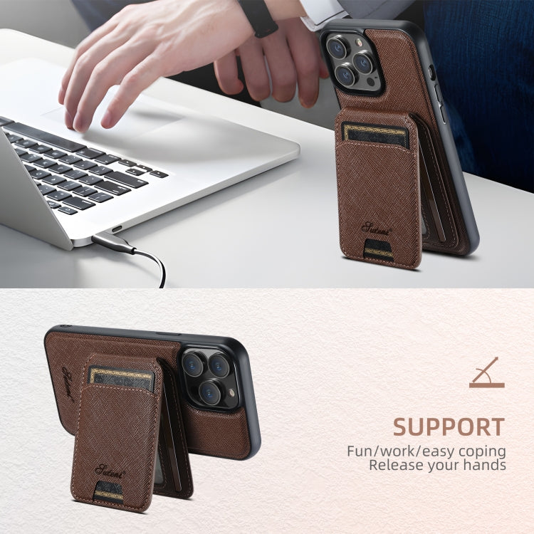 For iPhone 16 Pro Suteni H18 Cross Grain MagSafe Wallet Leather Phone Case(Brown) - iPhone 16 Pro Cases by Suteni | Online Shopping UK | buy2fix