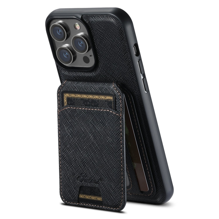 For iPhone 15 Pro Suteni H18 Cross Grain MagSafe Wallet Leather Phone Case(Black) - iPhone 15 Pro Cases by Suteni | Online Shopping UK | buy2fix