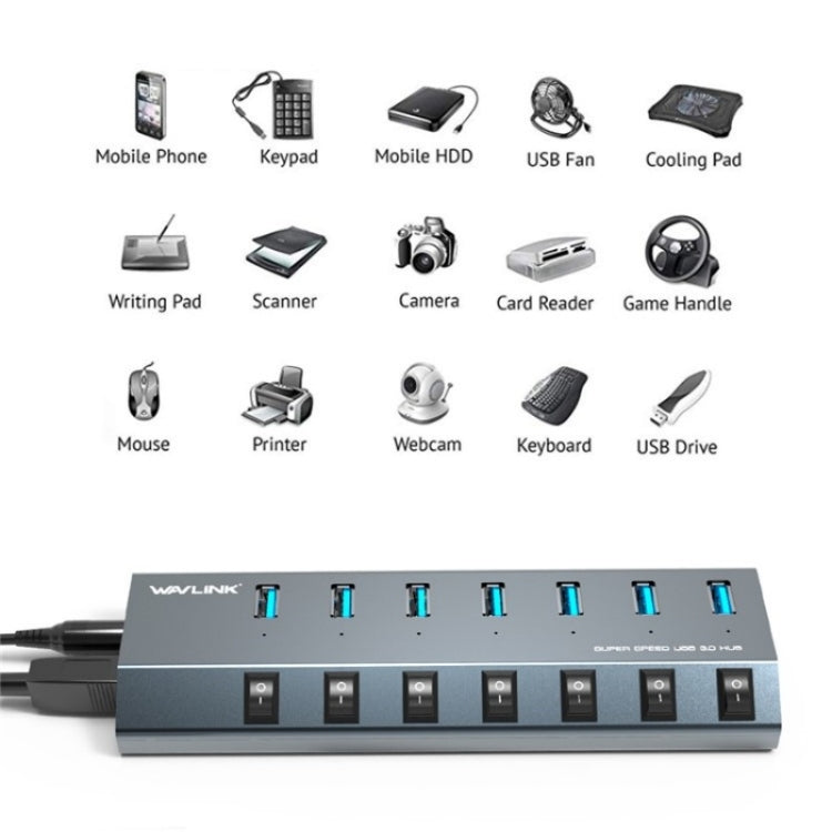 WAVLINK UH3076 5Gbps 7-port USB 3.0 Hub with Independent Switch and LED Indicator(US Plug) - USB 3.0 HUB by WAVLINK | Online Shopping UK | buy2fix