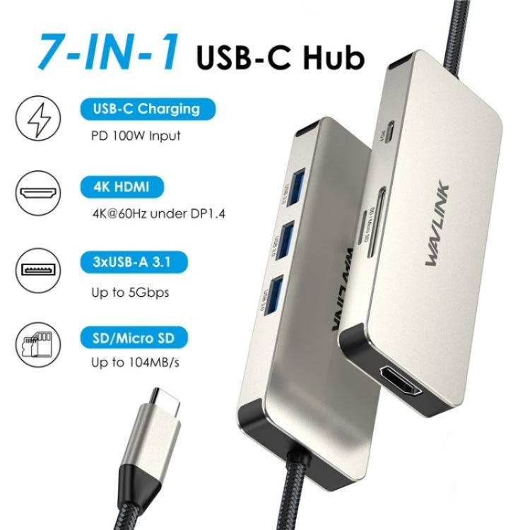 WAVLINK UHP3416 7-in-1 PD100W Charging SD / TF Card Reader 4K HD Type-C Docking Station(Grey) - USB HUB by WAVLINK | Online Shopping UK | buy2fix