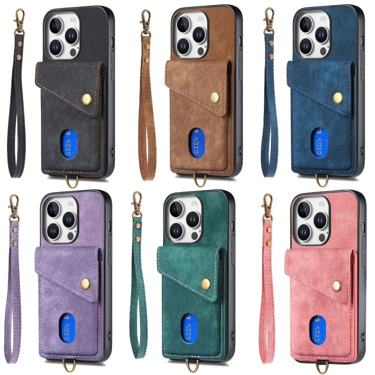 For iPhone 16 Retro Card Wallet Fold Leather Phone Case with Strap(Purple) - iPhone 16 Cases by buy2fix | Online Shopping UK | buy2fix