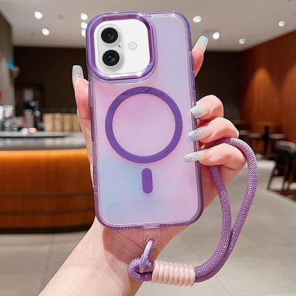 For iPhone 16 Bright Shadow  Magsafe Discoloration Phone Case with Wrist Strap(Purple) - iPhone 16 Cases by buy2fix | Online Shopping UK | buy2fix