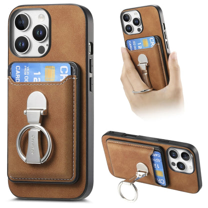 For iPhone 16 Pro Retro Folding Ring Holder Card Bag MagSafe Phone Case(Brown) - iPhone 16 Pro Cases by buy2fix | Online Shopping UK | buy2fix