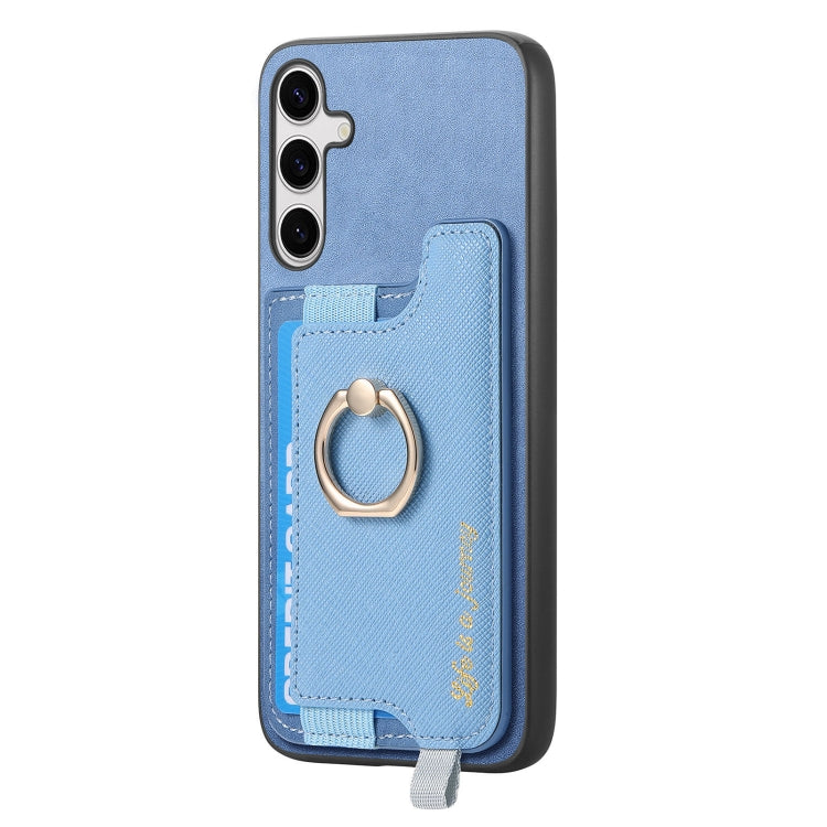 For Samsung Galaxy S25+ 5G Retro Cross Leather Ring Horizontal Insert Card Bag MagSafe Phone Case(Blue) - Galaxy S25+ 5G Cases by buy2fix | Online Shopping UK | buy2fix