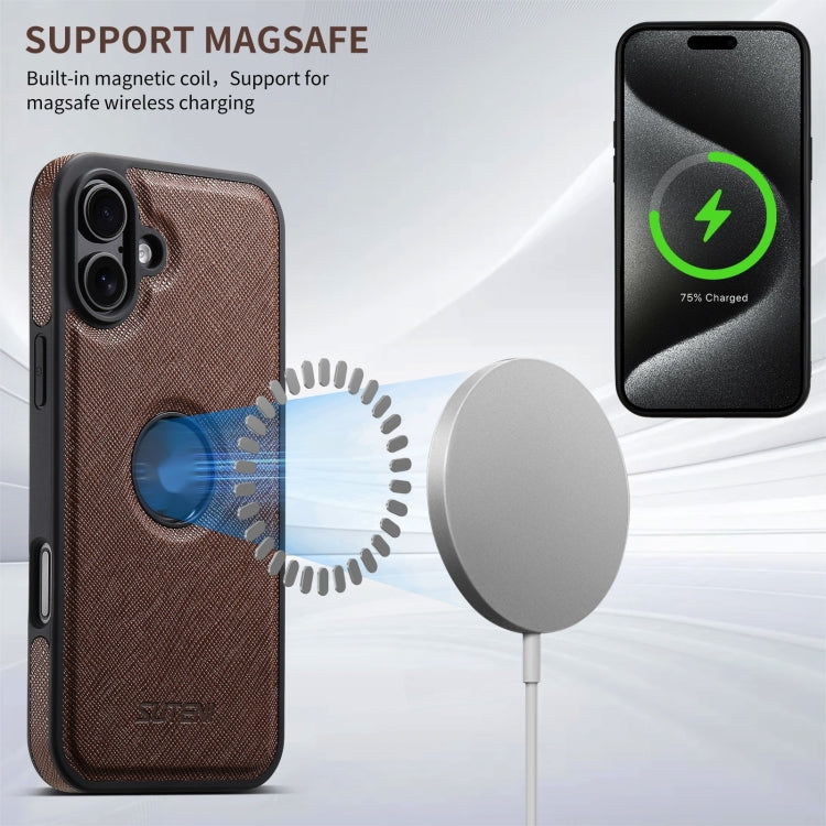 For iPhone 16 Suteni G1 Cross Texture MagSafe Phone Case(Brown) - iPhone 16 Cases by Suteni | Online Shopping UK | buy2fix