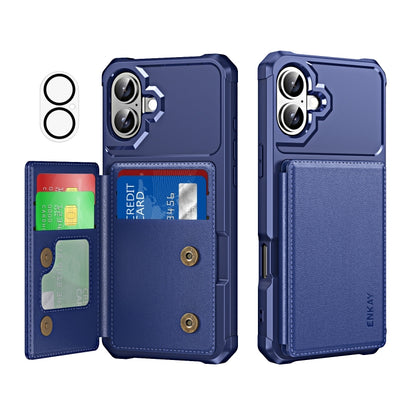 For iPhone 16 ENKAY Hat-Prince Card Slot Wallet TPU Back Leather Phone Case with Lens Film(Dark Blue) - iPhone 16 Cases by ENKAY | Online Shopping UK | buy2fix