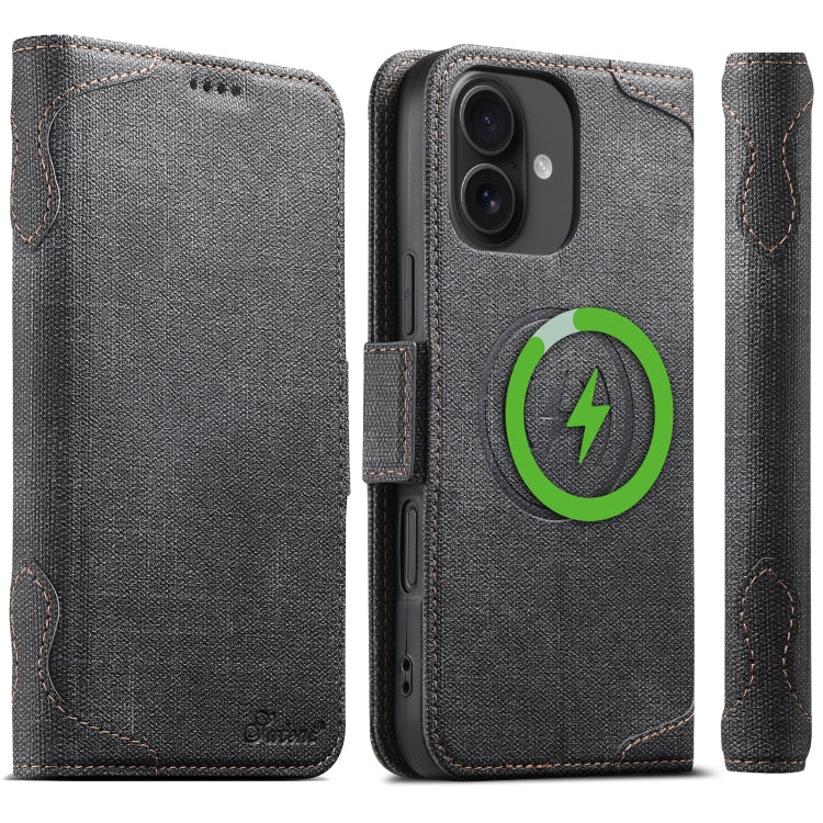 For iPhone 16 Suteni J07 Multi-functional Horizontal MagSafe Denim Leather Phone Case(Black) - iPhone 16 Cases by Suteni | Online Shopping UK | buy2fix