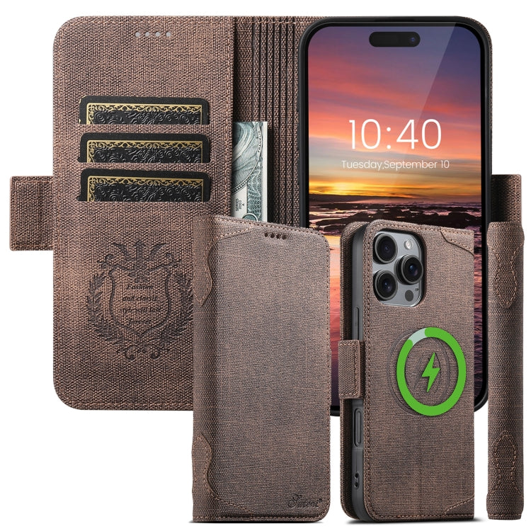 For iPhone 16 Suteni J07 Multi-functional Horizontal MagSafe Denim Leather Phone Case(Brown) - iPhone 16 Cases by Suteni | Online Shopping UK | buy2fix