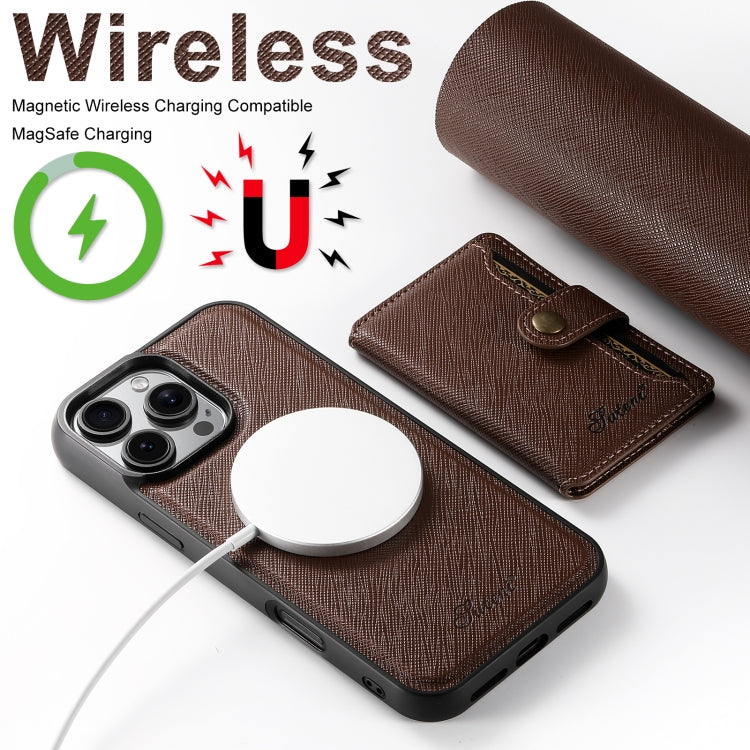 For iPhone 16 Pro Suteni H20 Cross-Grain MagSafe Horizontal Card Bag Back Phone Case(Brown) - iPhone 16 Pro Cases by Suteni | Online Shopping UK | buy2fix