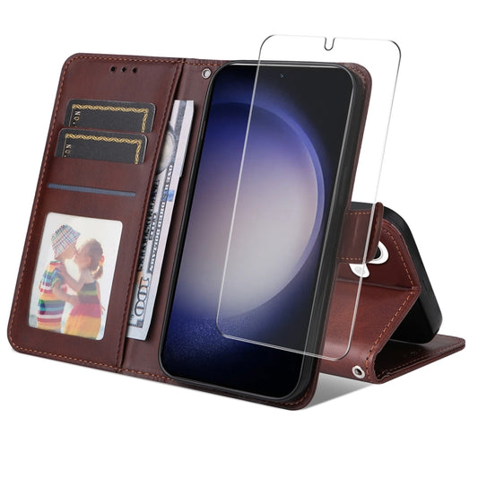 For Samsung Galaxy S25+ 5G ENKAY Card Wallet Calf Texture Leather Phone Case with Screen Film(Brown) - Galaxy S25+ 5G Cases by ENKAY | Online Shopping UK | buy2fix