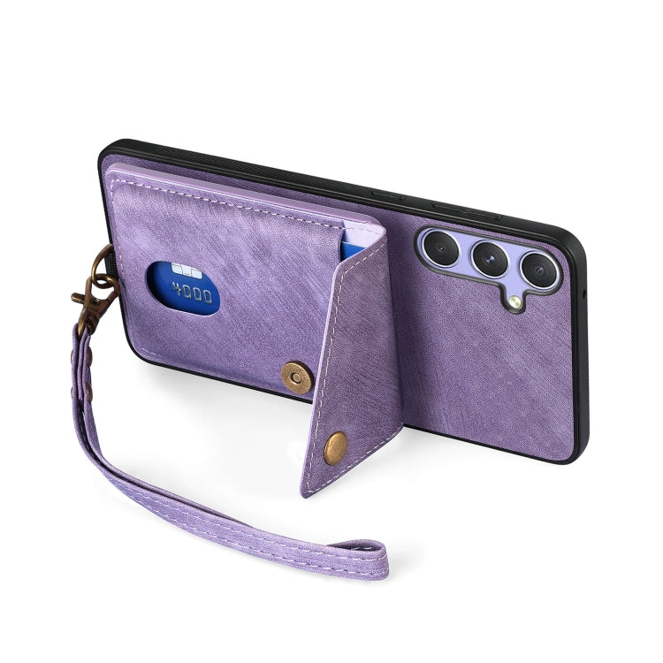 For Samsung Galaxy S25 5G Retro Card Wallet Fold Leather Phone Case with Strap(Purple) - Galaxy S25 5G Cases by buy2fix | Online Shopping UK | buy2fix