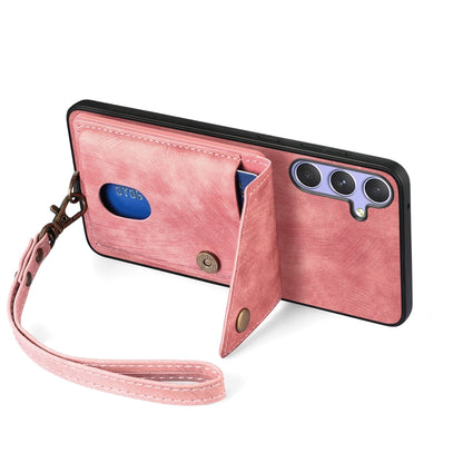 For Samsung Galaxy S25+ 5G Retro Card Wallet Fold Leather Phone Case with Strap(Pink) - Galaxy S25+ 5G Cases by buy2fix | Online Shopping UK | buy2fix