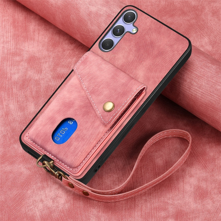 For Samsung Galaxy S25+ 5G Retro Card Wallet Fold Leather Phone Case with Strap(Pink) - Galaxy S25+ 5G Cases by buy2fix | Online Shopping UK | buy2fix