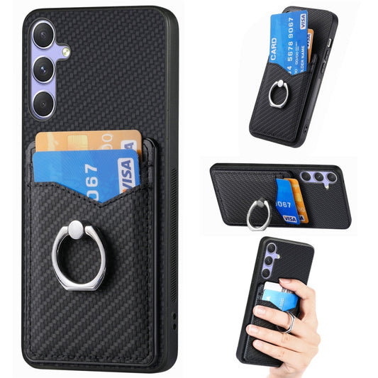 For Samsung Galaxy S25 5G Carbon Fiber Card Wallet Ring Phone Case(Black) - Galaxy S25 5G Cases by buy2fix | Online Shopping UK | buy2fix